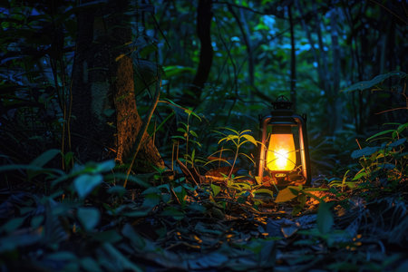 A lantern casts a warm glow in the midst of a dark, leafy forest.の素材