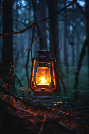 A glowing oil lamp hangs from a branch in a dark forest, providing a warm and soft light.の素材