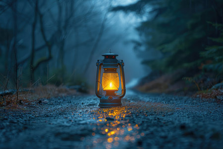A glowing lantern illuminates a misty forest path, creating an eerie and atmospheric scene.の素材