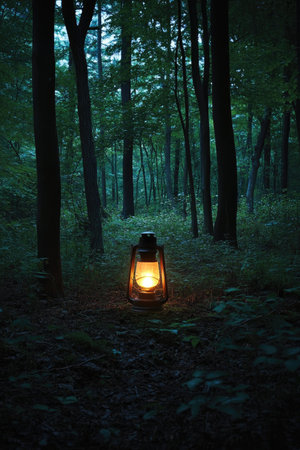A lone lantern casts a warm glow on a dark forest path, offering a sense of hope and guidance in the wilderness.の素材