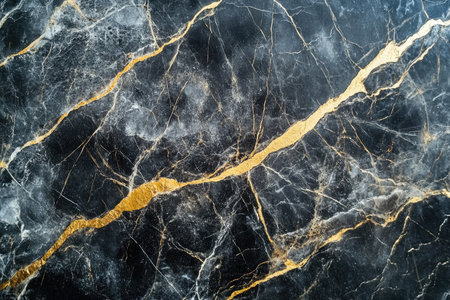 A close-up of a polished black marble surface with prominent golden veins.の素材