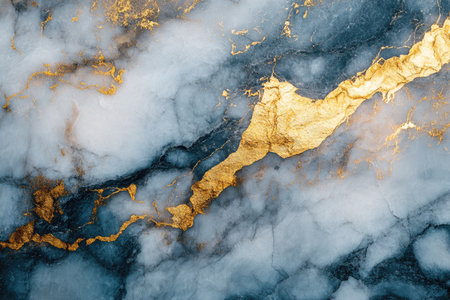 A close-up shot of a blue marble surface with golden veins and swirls.の素材