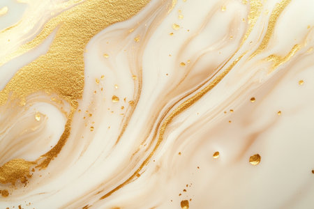 A close-up image of abstract swirls of white and gold paint with glitter.の素材