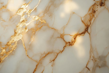 Close-up of a white marble surface with golden veins and highlights.の素材