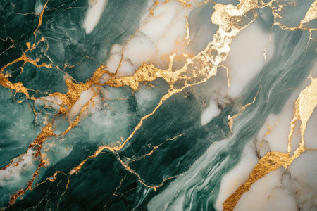 Close-up abstract image of green and gold marble with swirling patterns and veins.の素材