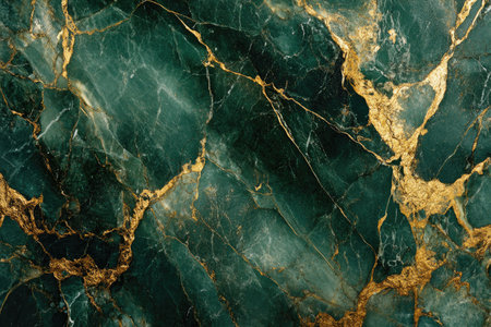 A close-up view of a green marble surface with gold veins and patterns.の素材