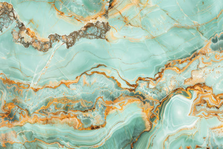 A close-up image showcasing the intricate patterns and colors of a green and gold marble stone.の素材