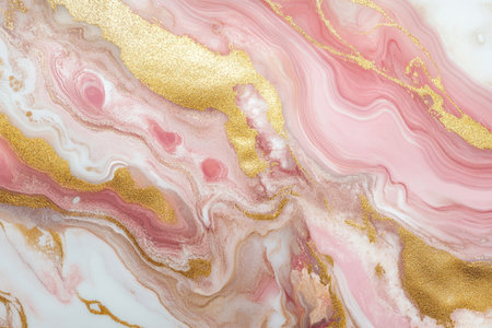 An abstract close-up image of swirling pink and gold liquid marble with a metallic shimmer.の素材