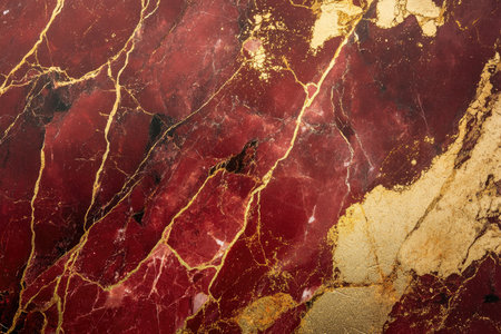 A close-up of a red marble stone with golden veins and a textured surface.の素材