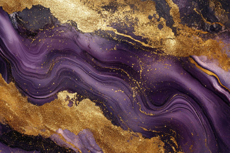 A close-up image of a purple and gold abstract marble texture. The image features swirling and flowing patterns of purple and gold paint with a metallic shimmer.の素材