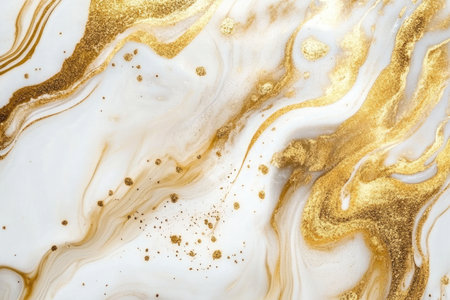 Abstract art with white and gold swirling liquid paint creating a textured, dynamic surface.の素材