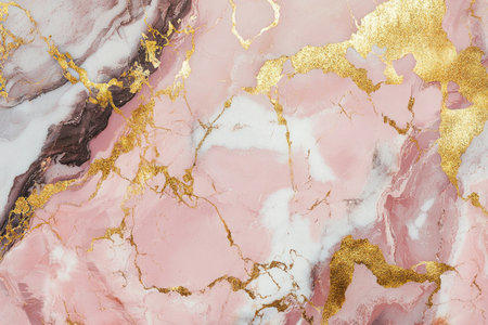 A close-up of abstract marble with pink, white, and gold accents.の素材