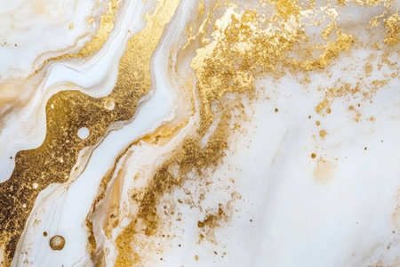 A close-up abstract image of white and gold swirls with a speckled texture, reminiscent of a marble pattern.の素材