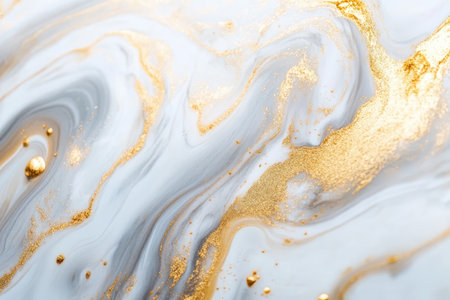 Abstract artwork featuring swirling white and gold liquid with a textured surface.の素材