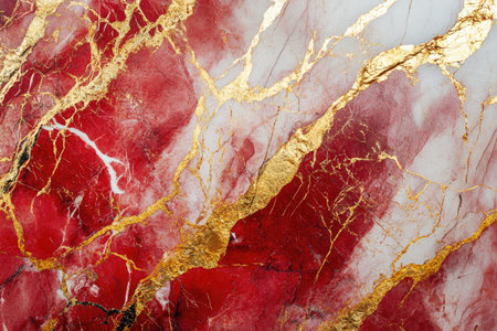 A close-up of red and white marble with intricate golden veins creating a luxurious and elegant abstract pattern.の素材