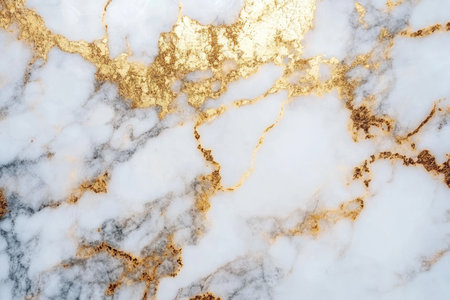 A close-up view of a white marble surface with intricate golden veins and a smooth, polished texture.の素材