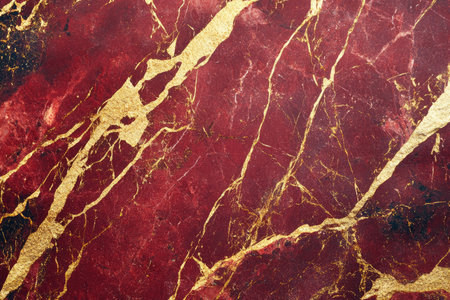 A detailed close-up of a red marble surface with intricate golden veins.の素材