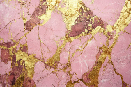 A close-up view of a pink marble surface with intricate golden veins and patterns.の素材