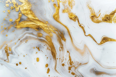 An abstract image of a white and gold marble pattern with swirling lines and scattered gold flecks.の素材