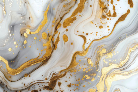 A close-up abstract image of swirling white, gray, and gold liquid art that resembles marble.の素材
