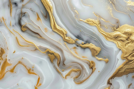 A close-up of a white and gold abstract design with a speckled texture, resembling marble.の素材