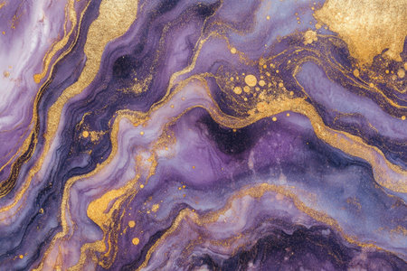 Abstract art with swirling purple and gold colors, featuring glitter and a marbled appearance.の素材