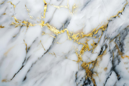 A close-up of white marble with gold veins and glitter.の素材