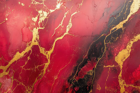 Abstract artwork featuring a vibrant red background with swirling gold and black patterns.の素材