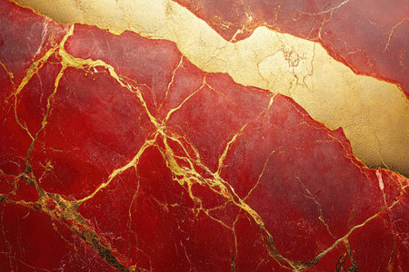 A close-up image of red marble with gold veining, creating a luxurious and elegant texture.の素材