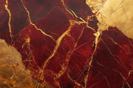A close-up view of the surface of a burgundy and gold marble, revealing a complex network of veins and cracks.の素材
