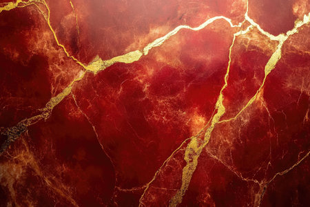 A close-up image showcasing a red marble surface with intricate gold veins, creating an abstract and elegant design.の素材