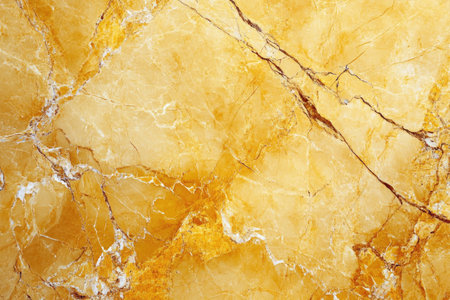 A close-up of a piece of polished golden marble with white and brown veins.の素材