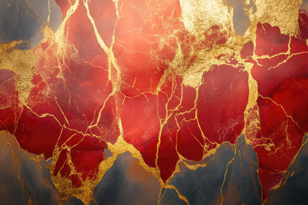 An abstract image with red and gold swirls on a black background.の素材