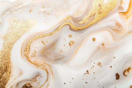 A close-up image of a white and gold abstract liquid swirl pattern.の素材