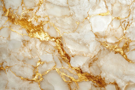A close-up of a white marble surface with golden veins and inclusions, creating a luxurious and elegant background.の素材