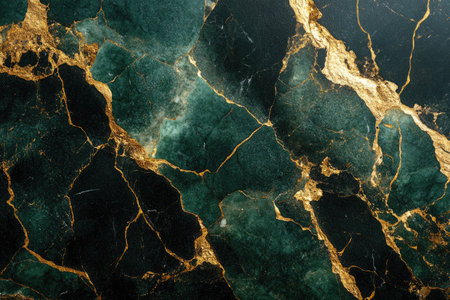 A close-up abstract image of a dark green marble surface with golden veins.の素材