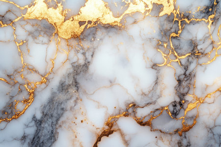 A close-up image of white marble with intricate gold and gray veining, showcasing its luxurious and elegant texture.の素材