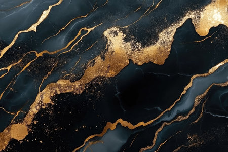 An abstract black and gold marble pattern created with liquid paint.の素材