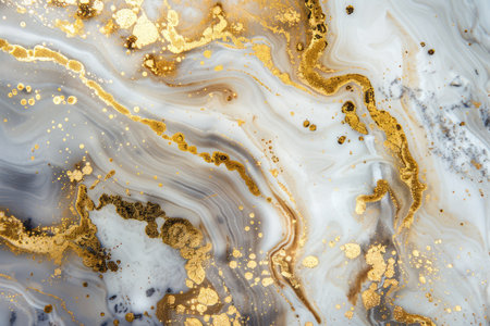 A close-up of a swirling marble texture with gold accents, creating a luxurious and dynamic abstract background.の素材
