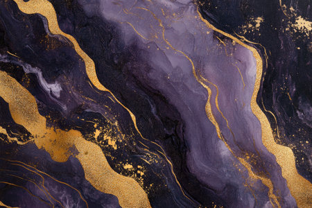 A close-up view of purple and gold liquid art with swirling and flowing patterns, creating a luxurious and abstract design.の素材