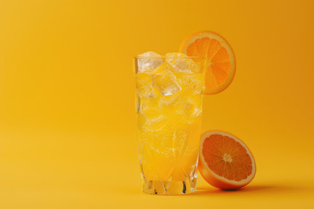 A glass of orange juice with ice cubes and orange slices on a yellow background.の素材