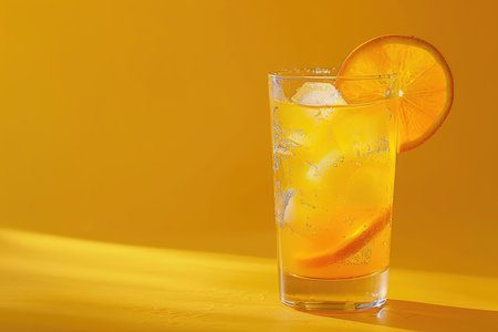 A tall glass filled with a bubbly orange soda, garnished with a slice of orange, sits on a yellow surface.の素材