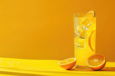 A glass of iced orange juice with orange slices on a bright yellow surface.の素材