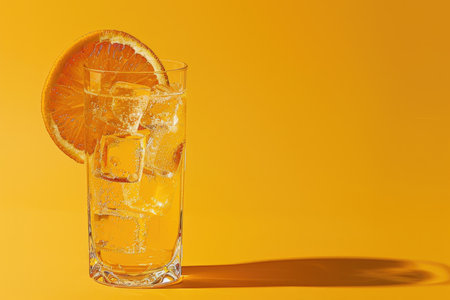 A glass of iced orange drink with a slice of orange, garnished with ice cubes, on a yellow background.の素材