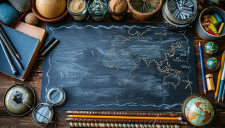 A vintage chalkboard with a world map drawn in chalk, surrounded by various antique objects such as pencils, globes, and jars.の素材