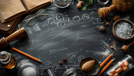 Chalkboard with science formulas and tools on dark background, top viewの素材