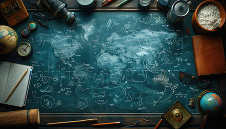 Back to school concept with school supplies on blackboard background with copy spaceの素材