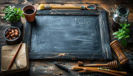 Old school blackboard with chalk and tools for drawing on wooden backgroundの素材