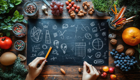 Healthy eating concept with hand drawn food icons on a blackboardの素材