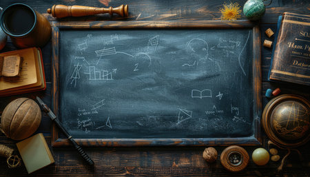 Back to school concept. Chalkboard with blackboard and school suppliesの素材